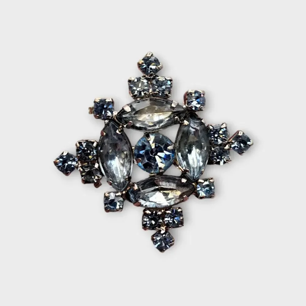 Ice Blue Starburst Rhinestone Brooch Silver Tone Mixed Cut Mid Century Cool Glam